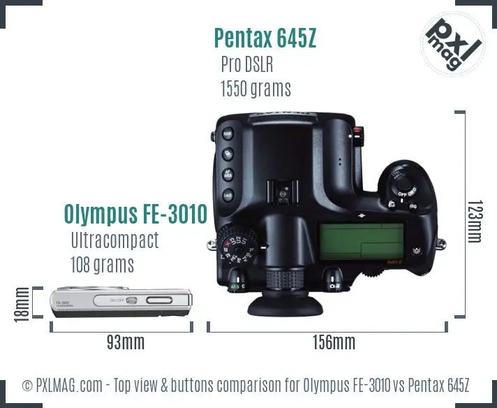 Olympus FE-3010 vs Pentax 645Z top view buttons comparison