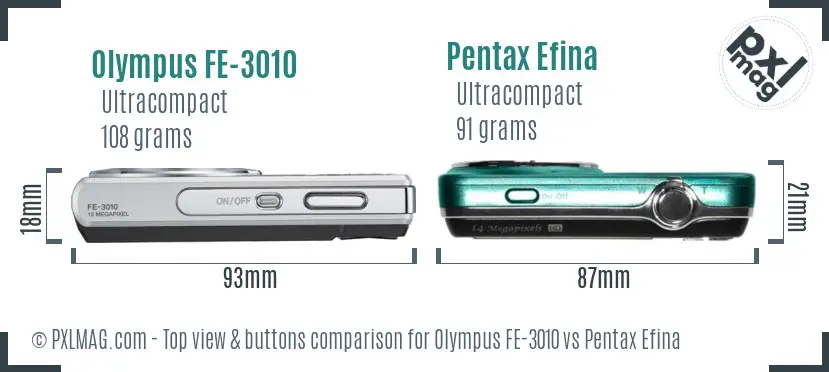 Olympus FE-3010 vs Pentax Efina top view buttons comparison
