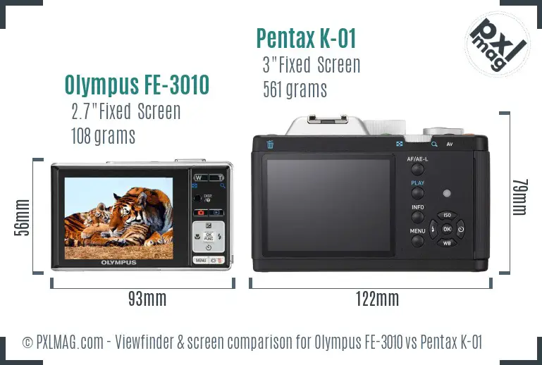 Olympus FE-3010 vs Pentax K-01 Screen and Viewfinder comparison