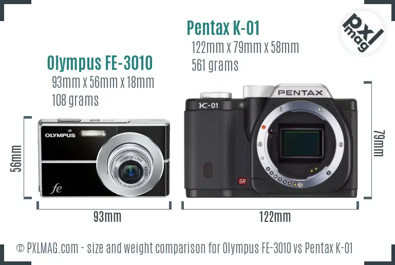 Olympus FE-3010 vs Pentax K-01 size comparison