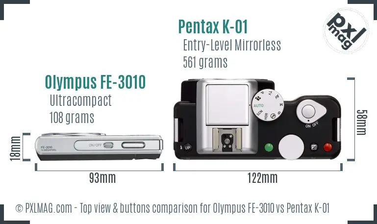 Olympus FE-3010 vs Pentax K-01 top view buttons comparison