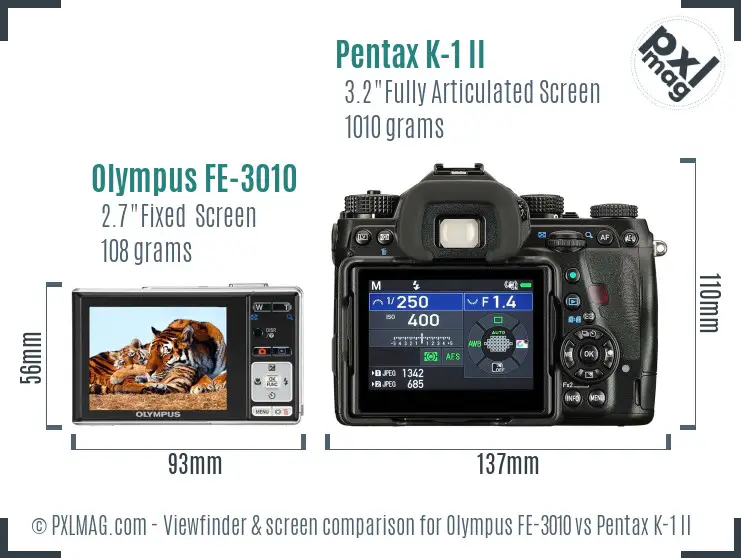 Olympus FE-3010 vs Pentax K-1 II Screen and Viewfinder comparison