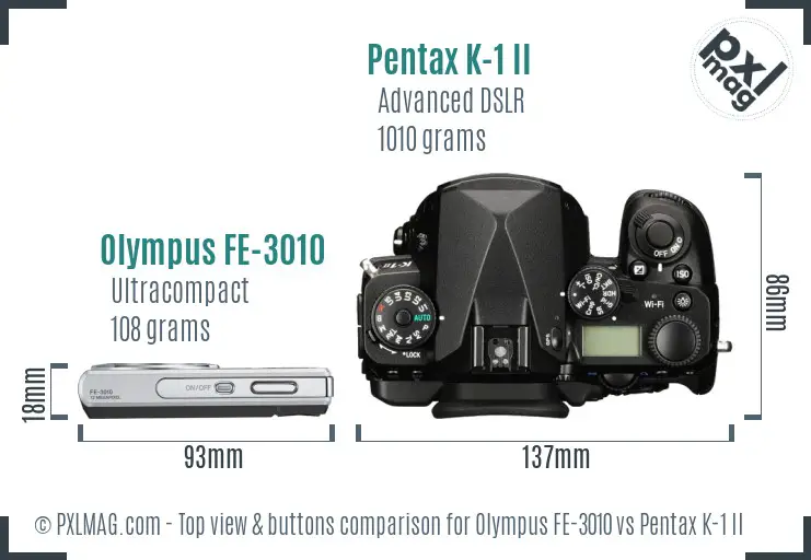 Olympus FE-3010 vs Pentax K-1 II top view buttons comparison