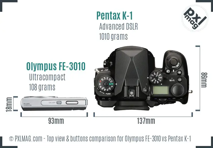 Olympus FE-3010 vs Pentax K-1 top view buttons comparison