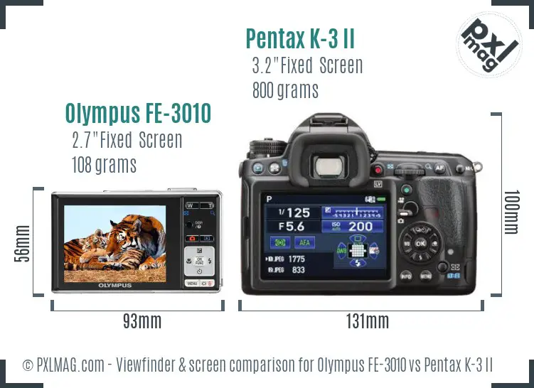Olympus FE-3010 vs Pentax K-3 II Screen and Viewfinder comparison
