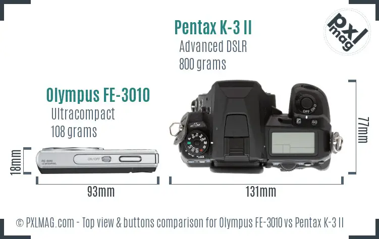 Olympus FE-3010 vs Pentax K-3 II top view buttons comparison