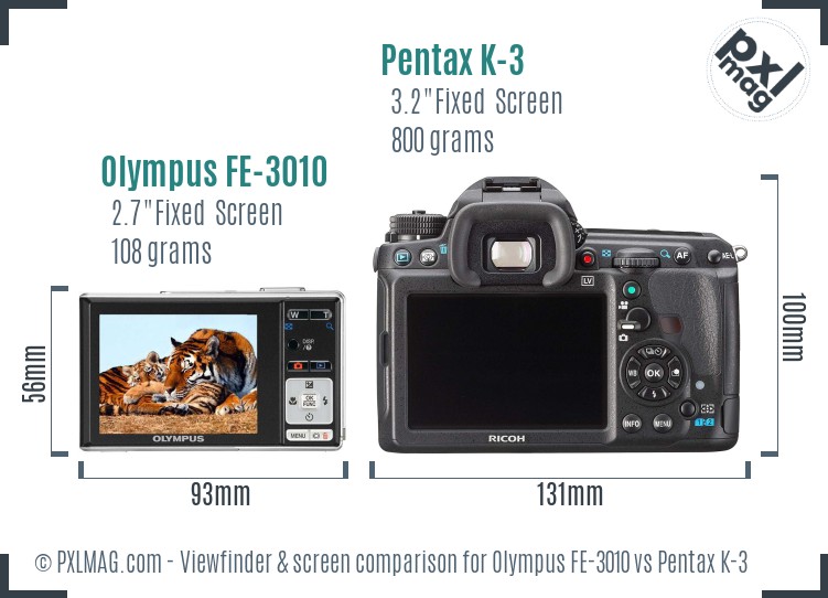 Olympus FE-3010 vs Pentax K-3 Screen and Viewfinder comparison