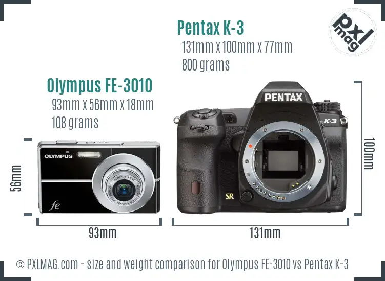 Olympus FE-3010 vs Pentax K-3 size comparison