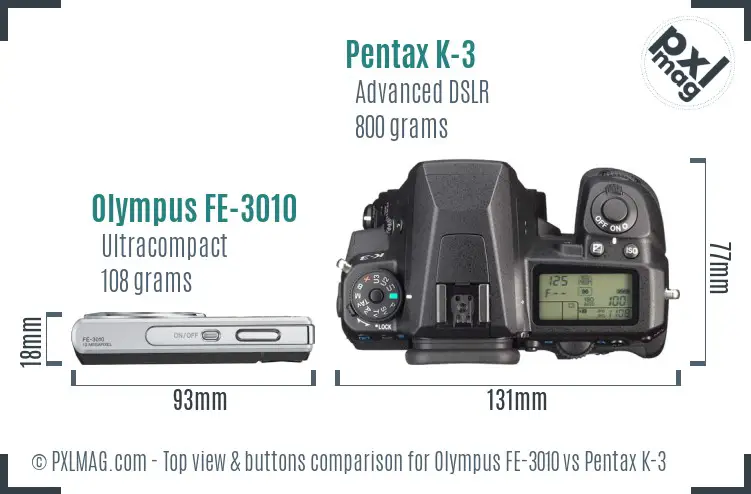 Olympus FE-3010 vs Pentax K-3 top view buttons comparison