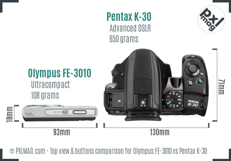 Olympus FE-3010 vs Pentax K-30 top view buttons comparison