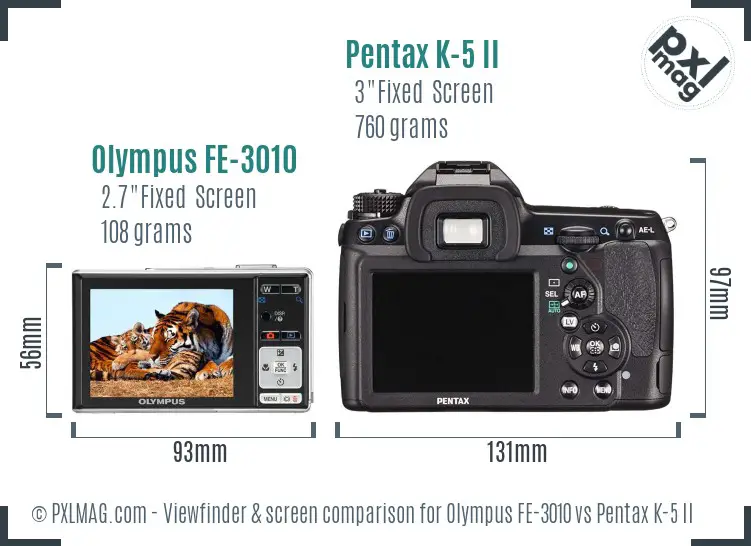 Olympus FE-3010 vs Pentax K-5 II Screen and Viewfinder comparison