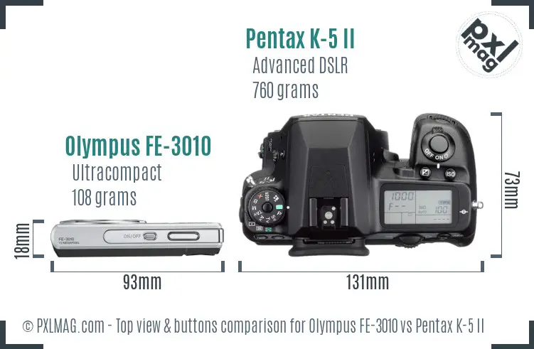 Olympus FE-3010 vs Pentax K-5 II top view buttons comparison