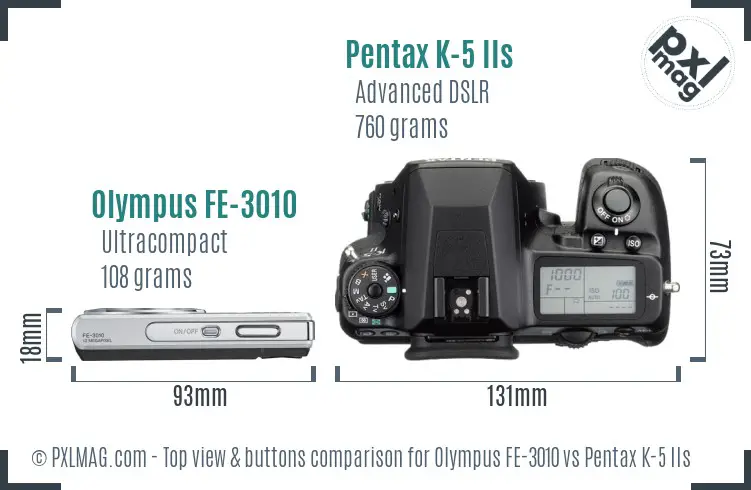 Olympus FE-3010 vs Pentax K-5 IIs top view buttons comparison