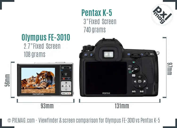 Olympus FE-3010 vs Pentax K-5 Screen and Viewfinder comparison