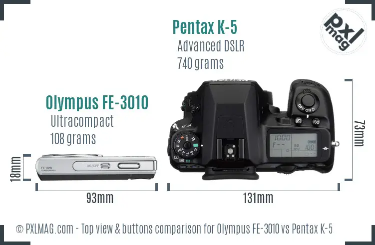 Olympus FE-3010 vs Pentax K-5 top view buttons comparison