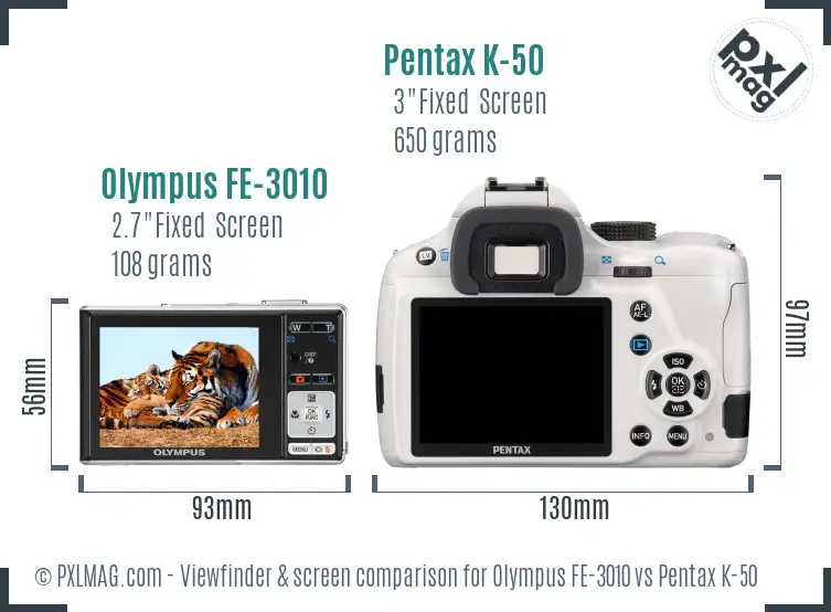 Olympus FE-3010 vs Pentax K-50 Screen and Viewfinder comparison