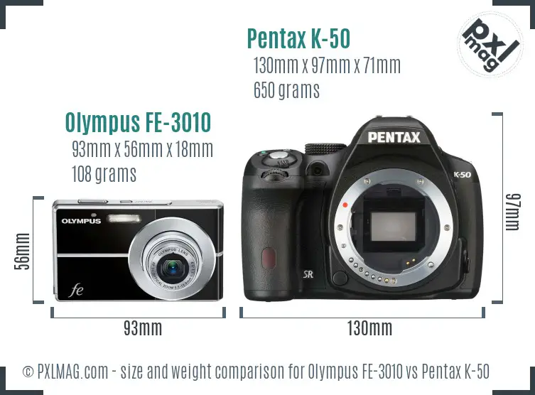 Olympus FE-3010 vs Pentax K-50 size comparison