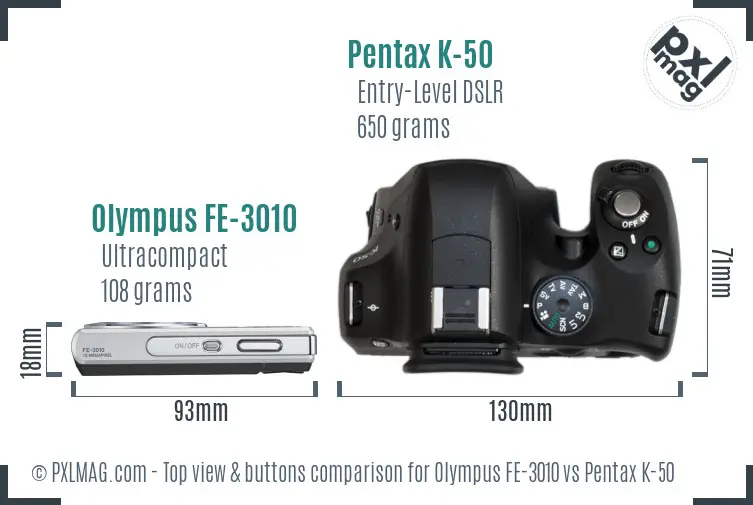 Olympus FE-3010 vs Pentax K-50 top view buttons comparison