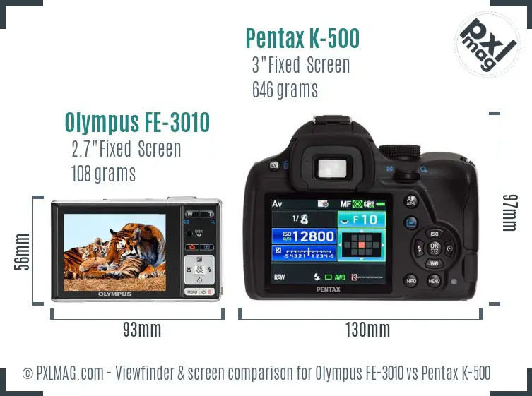 Olympus FE-3010 vs Pentax K-500 Screen and Viewfinder comparison