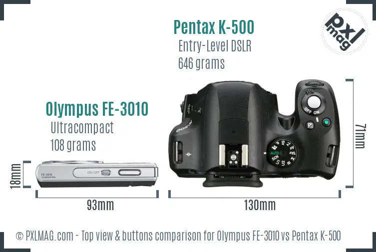 Olympus FE-3010 vs Pentax K-500 top view buttons comparison