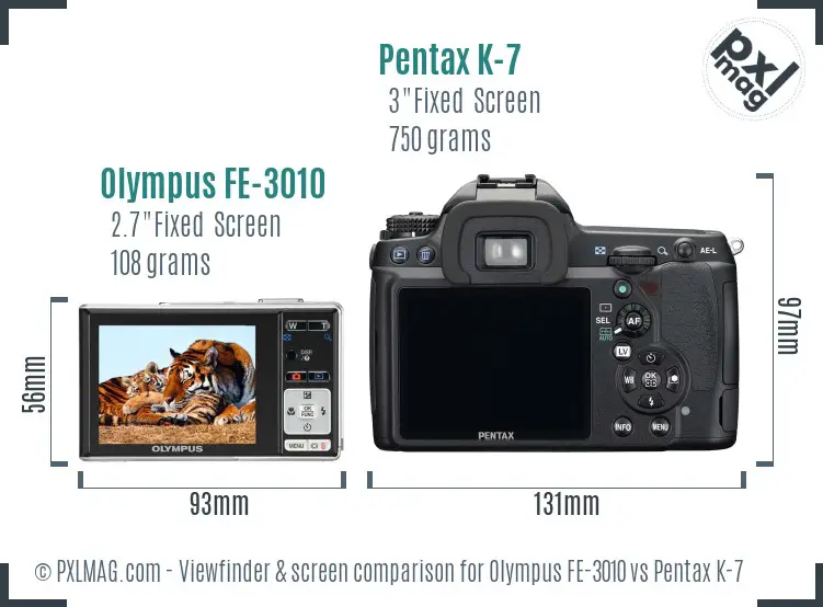 Olympus FE-3010 vs Pentax K-7 Screen and Viewfinder comparison