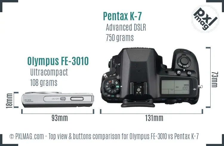 Olympus FE-3010 vs Pentax K-7 top view buttons comparison