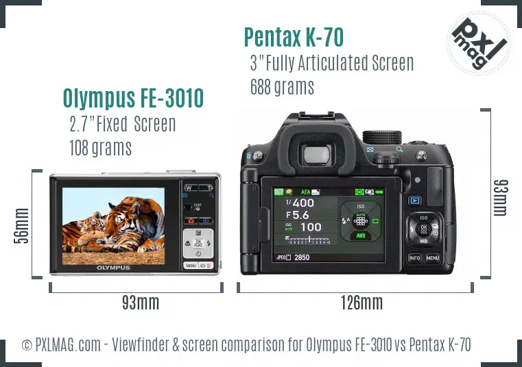 Olympus FE-3010 vs Pentax K-70 Screen and Viewfinder comparison