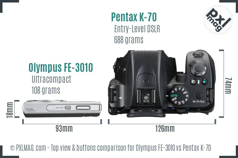 Olympus FE-3010 vs Pentax K-70 top view buttons comparison
