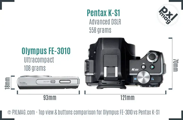 Olympus FE-3010 vs Pentax K-S1 top view buttons comparison