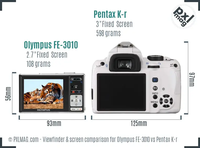 Olympus FE-3010 vs Pentax K-r Screen and Viewfinder comparison