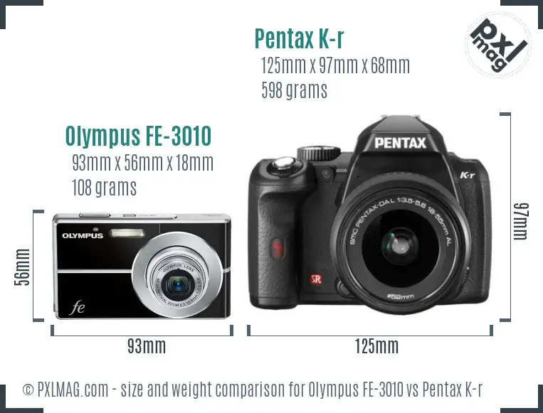 Olympus FE-3010 vs Pentax K-r size comparison