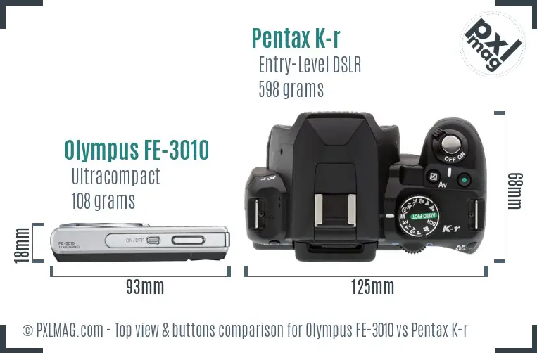 Olympus FE-3010 vs Pentax K-r top view buttons comparison