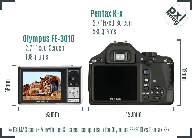 Olympus FE-3010 vs Pentax K-x Screen and Viewfinder comparison