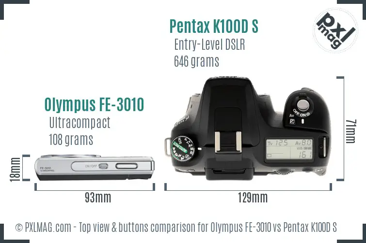 Olympus FE-3010 vs Pentax K100D S top view buttons comparison