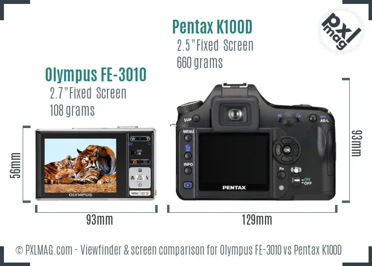 Olympus FE-3010 vs Pentax K100D Screen and Viewfinder comparison