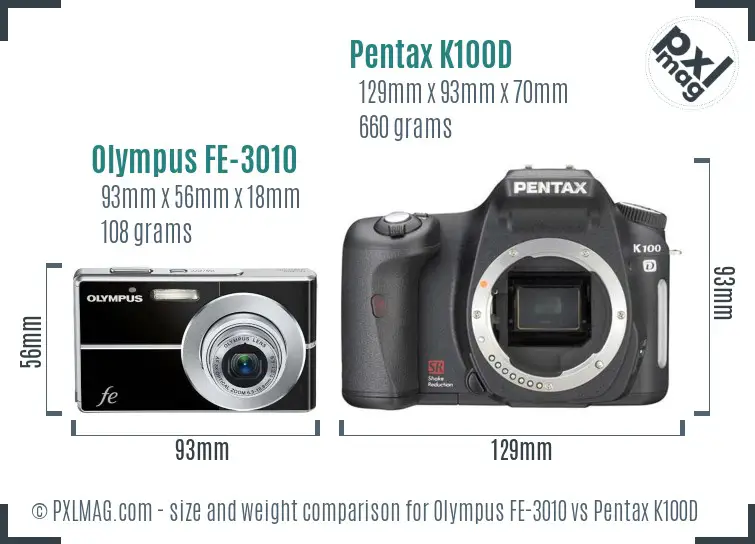 Olympus FE-3010 vs Pentax K100D size comparison