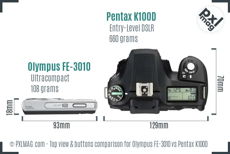Olympus FE-3010 vs Pentax K100D top view buttons comparison