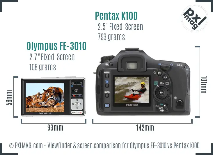 Olympus FE-3010 vs Pentax K10D Screen and Viewfinder comparison