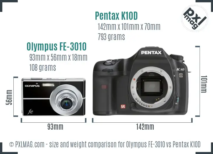 Olympus FE-3010 vs Pentax K10D size comparison
