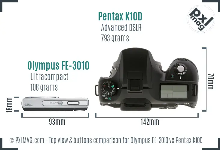 Olympus FE-3010 vs Pentax K10D top view buttons comparison