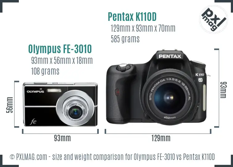 Olympus FE-3010 vs Pentax K110D size comparison