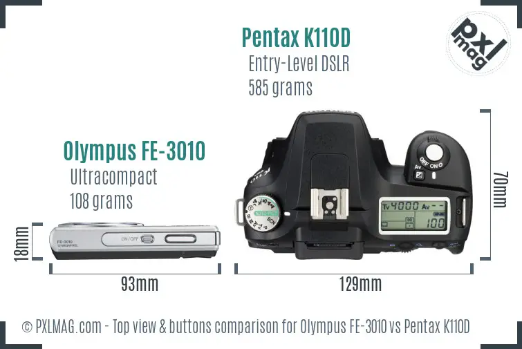 Olympus FE-3010 vs Pentax K110D top view buttons comparison