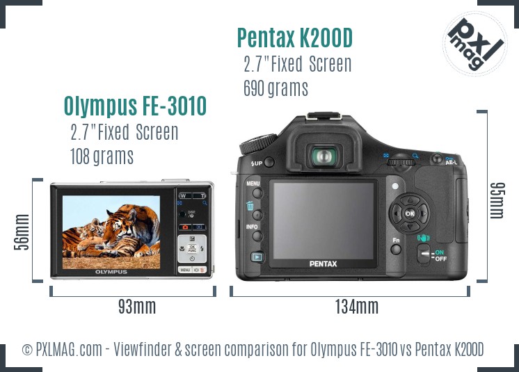 Olympus FE-3010 vs Pentax K200D Screen and Viewfinder comparison