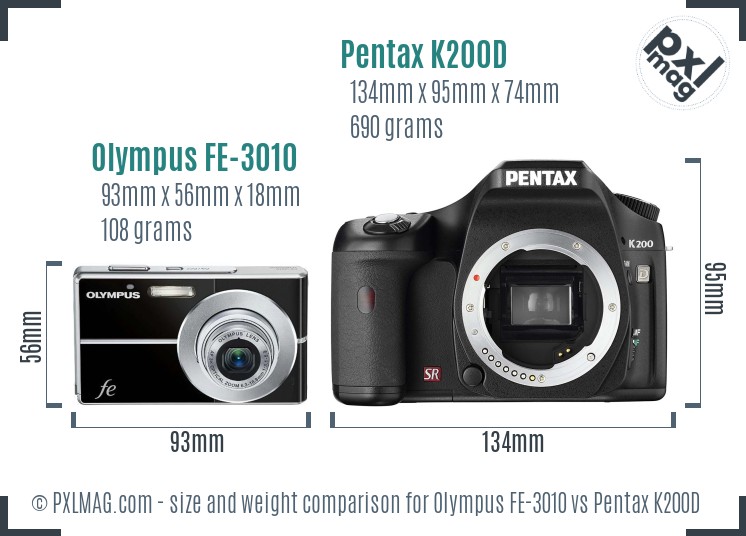 Olympus FE-3010 vs Pentax K200D size comparison