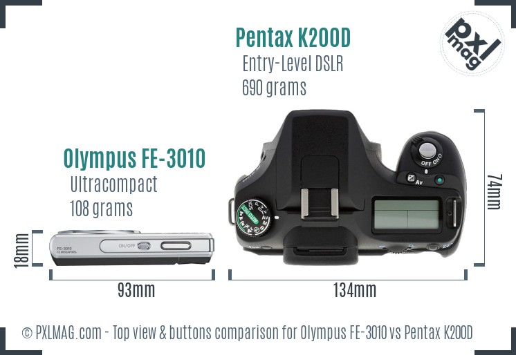 Olympus FE-3010 vs Pentax K200D top view buttons comparison