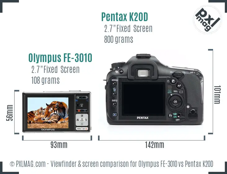 Olympus FE-3010 vs Pentax K20D Screen and Viewfinder comparison