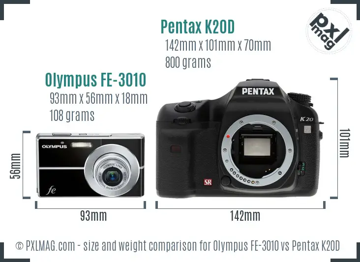 Olympus FE-3010 vs Pentax K20D size comparison
