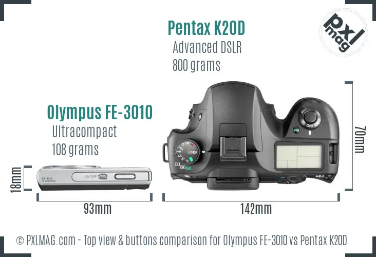 Olympus FE-3010 vs Pentax K20D top view buttons comparison