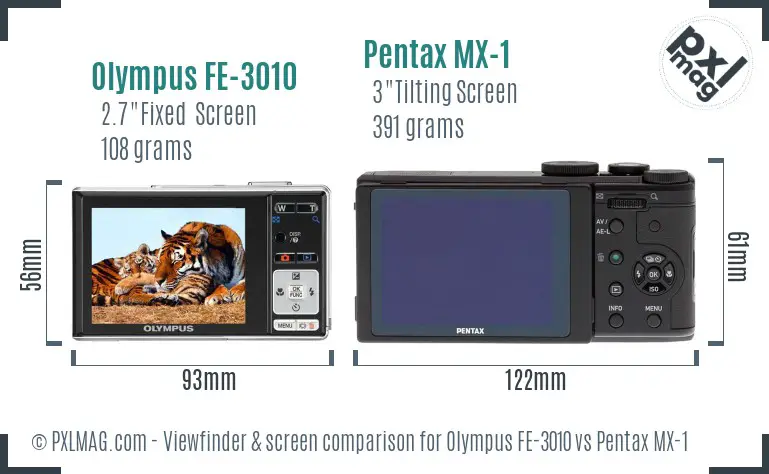 Olympus FE-3010 vs Pentax MX-1 Screen and Viewfinder comparison