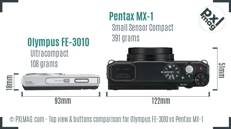 Olympus FE-3010 vs Pentax MX-1 top view buttons comparison
